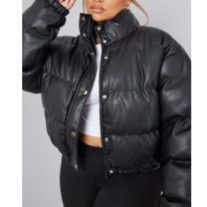 PLUS BLACK FAUX LEATHER ELASTIC HEM COAT